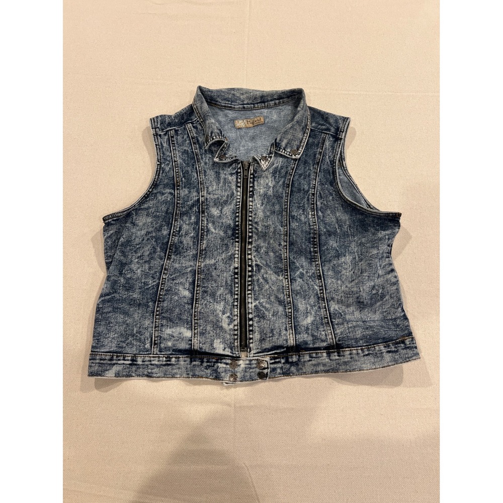 Hybrid & Company Womens Acid Wash Denim Vest Blue Zip Front Cropped 1X Plus Size